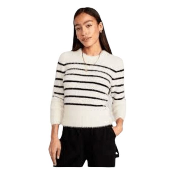 Old Navy Breton Stripe Eyelash Party Sweater White Black Fuzzy Knit Crewneck XXL - Picture 1 of 9
